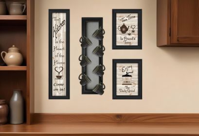 Set Of Four Kitchen Collection V with Seven Peg Mug Rack 2 Black Framed Print Kitchen Wall Art