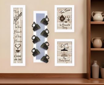 Set Of Four Kitchen Collection V with Seven Peg Mug Rack 4 White Framed Print Kitchen Wall Art