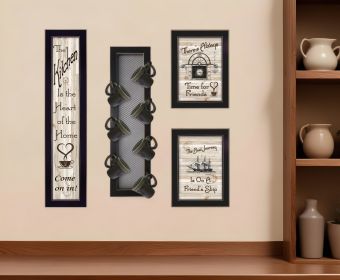 Set Of Four Kitchen Collection VII with Seven Peg Mug Rack 3 Black Framed Print Kitchen Wall Art