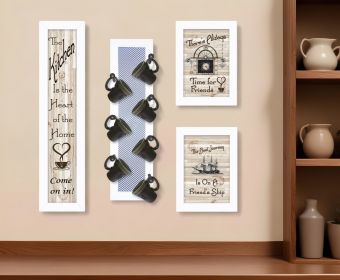 Set Of Four Kitchen Collection with Seven Peg Mug Rack White Framed Print Kitchen Wall Art