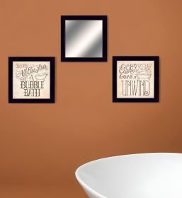 Set Of Three Soak and Unwind Black Framed Bathroom Wall Art With Mirror