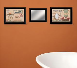 Set Of Three Wash Room Black Rim Frame Bathroom Wall Art with Mirror