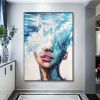 Hand Painted Oil Painting Abstract Portrait Wall Art Hand painted-Nordic Light Blue Girl Oil Paintings On Canvas-Hand Made-For Home Decoration - 50X70