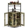 Industrial Corner Bar Cabinet with Glass Holder and Adjustable Shelf - Rustic Brown